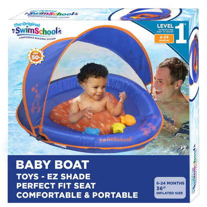 SwimSchool Deluxe Baby Float with Adjustable Canopy - 6-24 Months - Baby Swim Float with Splash & Play Activity Center and Perfect-Fit Safety Seat - Blue/Orange