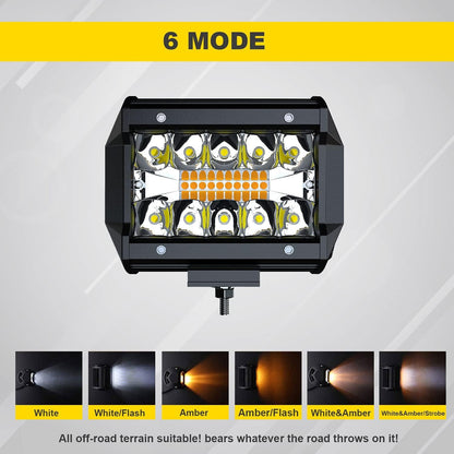 FEELON LED Light Bar 4PCS 4'' Inch White/Amber Yellow LED Pods Equivalent to 240-Watt Strobe Light Driving Fog Lights Triple Row Off Road Lights with Six Modes for SUV ATV UTV Trucks Pickup Lamp