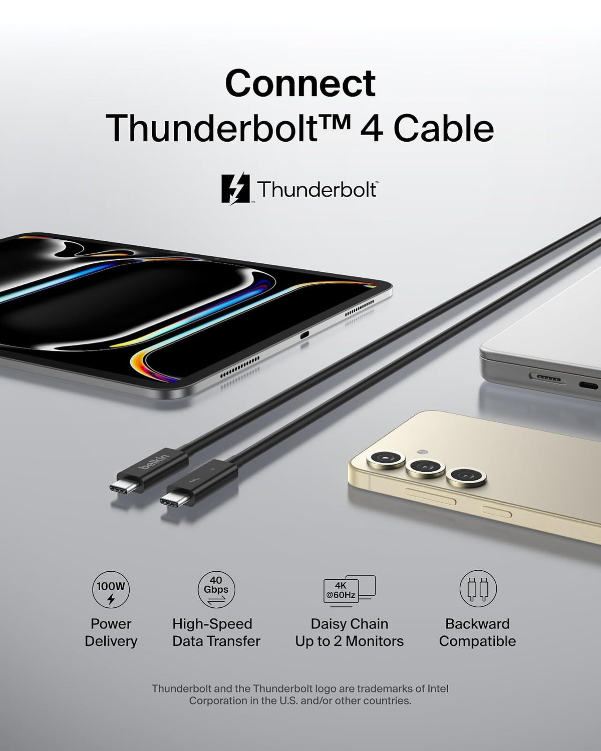 Belkin Cable Thunderbolt 4 Certificado | 1M (3.3FT), USB-C, 100W PD, USB 4, TB4/TB3 Compatible