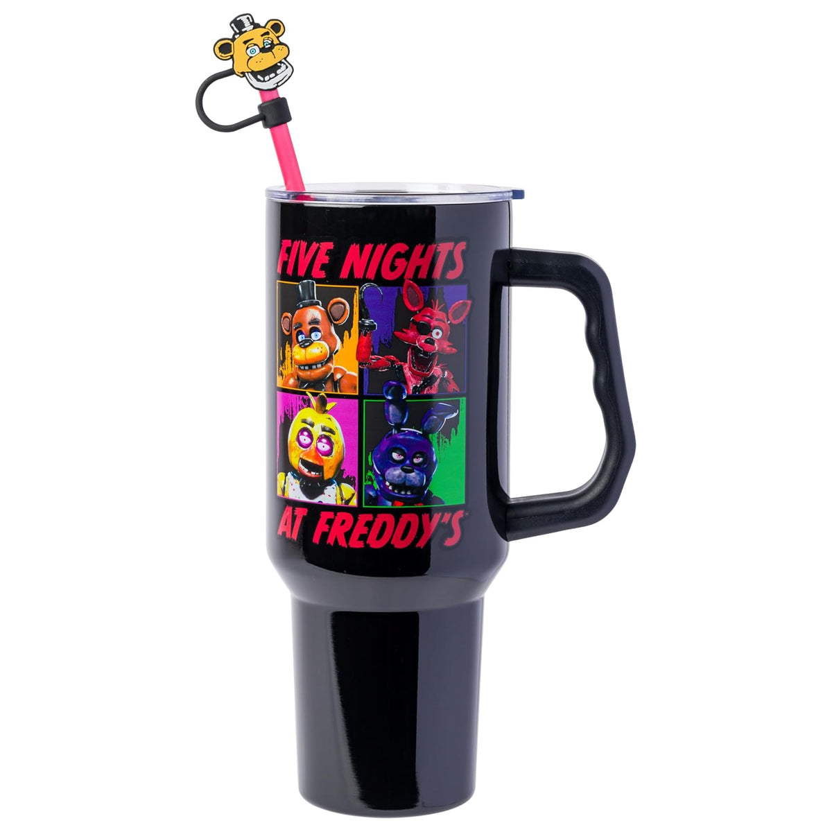 Silver Buffalo Five Night at Freddy's - Vaso de acero inoxidable con mango y popote, se adapta a portavasos estándar, 40 onzas