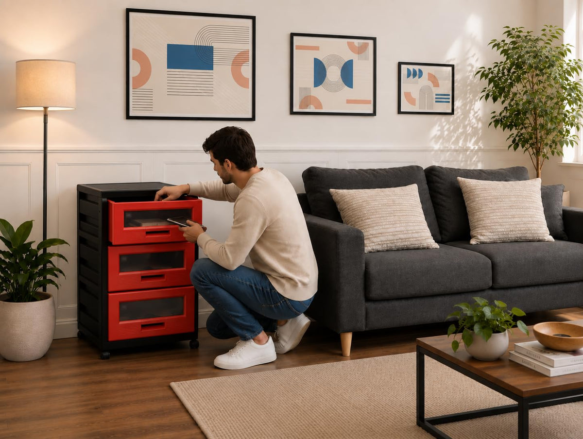 Italhome Mueble De Plástico En Color Negro Rojo Con 3 Cajones, Cajonera Organizador Multiusos Con Ruedas Piave