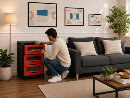Italhome Mueble De Plástico En Color Negro Rojo Con 3 Cajones, Cajonera Organizador Multiusos Con Ruedas Piave