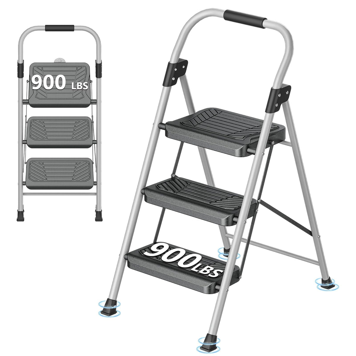 DIAMONDFORGE - Escalera de 3 escalones, Taburete Plegable con Pedal Ancho Antideslizante, Mango Suave, pies Antideslizantes, construcción de Acero más Resistente, Escalera de Acero de 900 Libras de