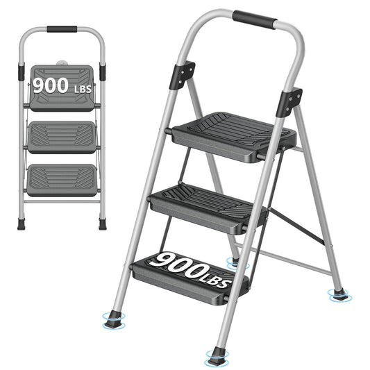 DIAMONDFORGE - Escalera de 3 escalones, Taburete Plegable con Pedal Ancho Antideslizante, Mango Suave, pies Antideslizantes, construcción de Acero más Resistente, Escalera de Acero de 900 Libras de