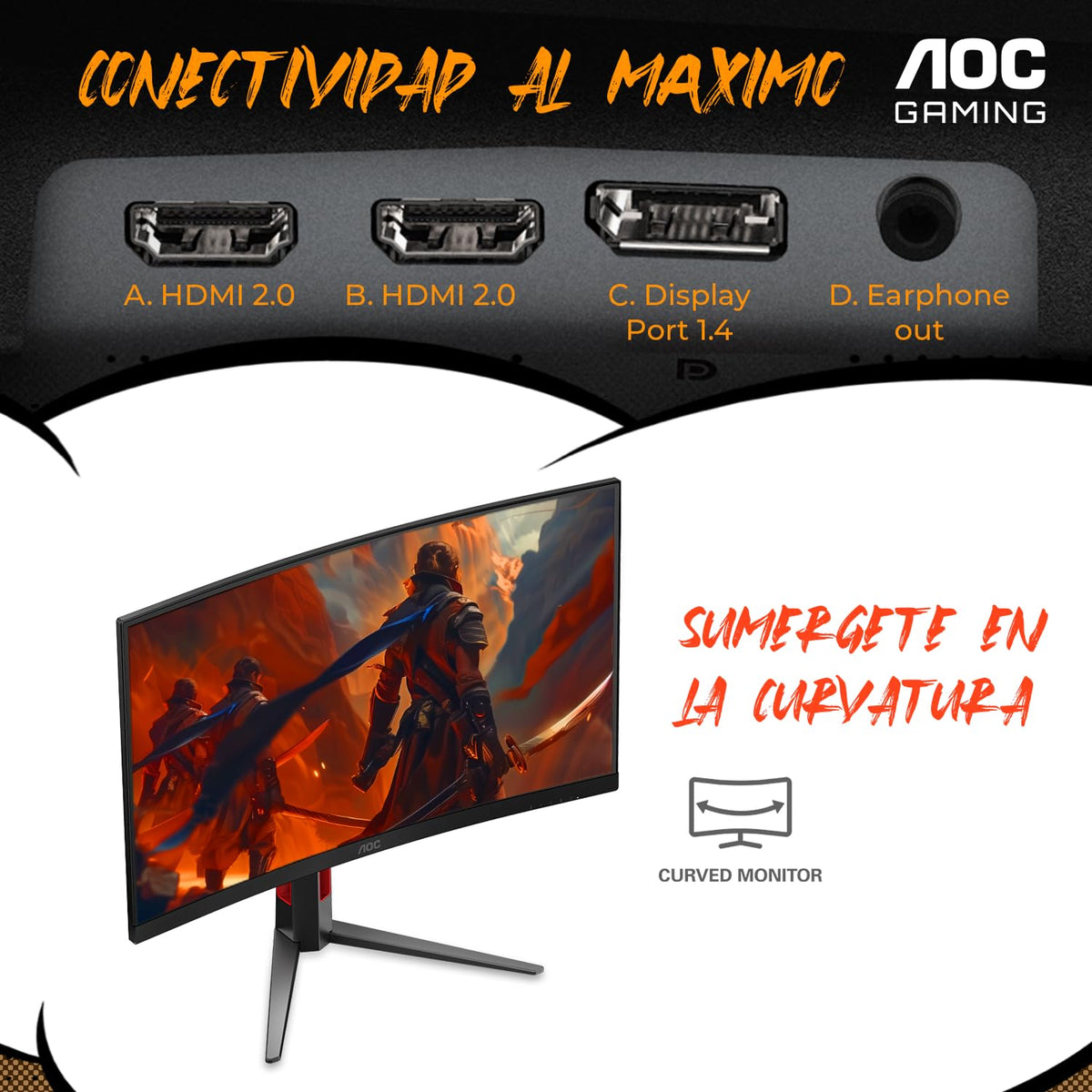 AOC Monitor Curvo Gamer de 27 Pulgadas 1500R, C27G4H2, FHD, 200Hz, 0.3ms, HDMI 2.0, Display Port, Altura Ajustable Compatible con Xbox, PS5, SW1 y SW2.