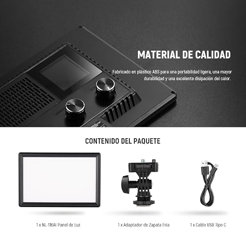 NEEWER 9" Panel Luz Video LED, Iluminación Suave Cámara DSLR Regulable, 4000mAh Batería Recargable, Puertos USB Tipo C, 3200K~5600K CRI95+ 600Lux para Fotografía Grabación Live Streaming, NL-116AI