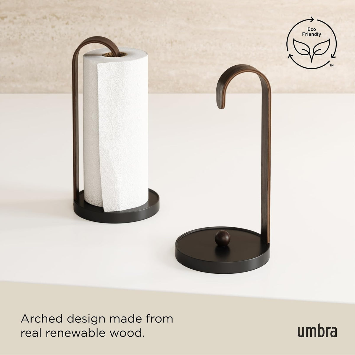 Umbra Bellwood - Toallero de Papel para encimera de Cocina, con Soporte de Madera Real y Base de Metal ponderada, Negro/Nogal