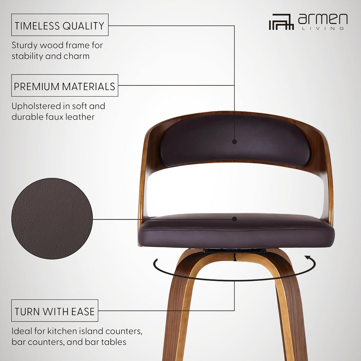 Armen Living Shelly - Taburete Giratorio Moderno de 26 Pulgadas de Altura del Asiento de Mediados de Siglo para mostrador de Isla de Cocina en Piel sintética café y Madera de Nogal