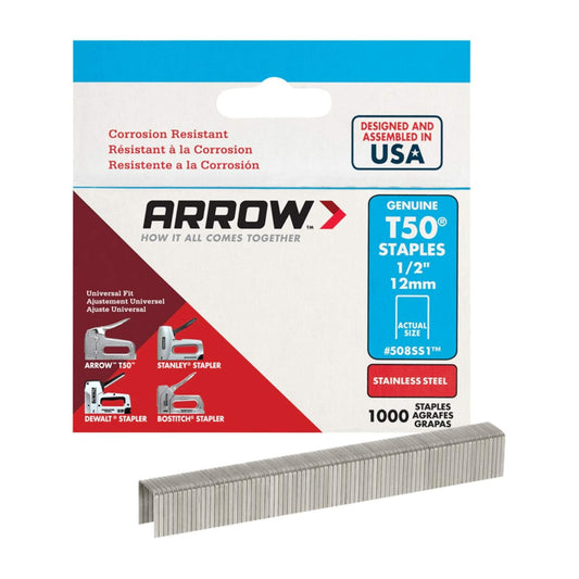 Arrow Fastener 508SS1 Genuine T50 1/2-Inch Stainless Staples, 1,000-Pack