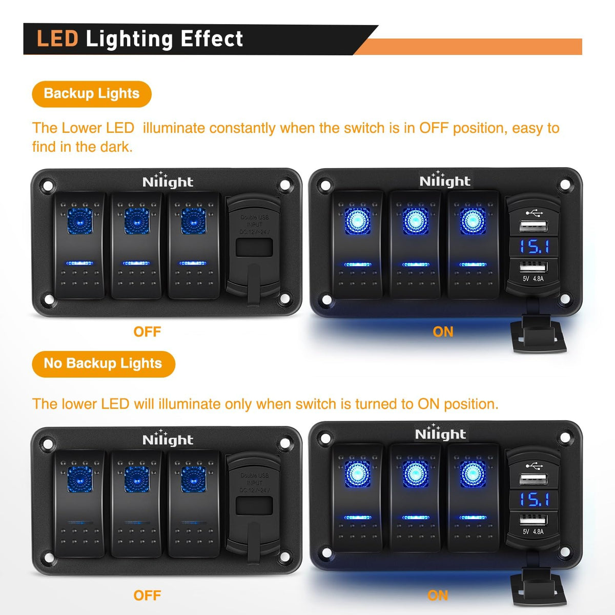 Nilight Panel de interruptor de 3 bandas con cargador USB dual de 4,8 amperios, voltímetro impermeable de 12 V, 24 V CC, interruptor con pegatinas de brillo nocturno para coches