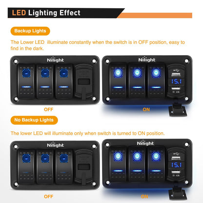 Nilight Panel de interruptor de 3 bandas con cargador USB dual de 4,8 amperios, voltímetro impermeable de 12 V, 24 V CC, interruptor con pegatinas de brillo nocturno para coches