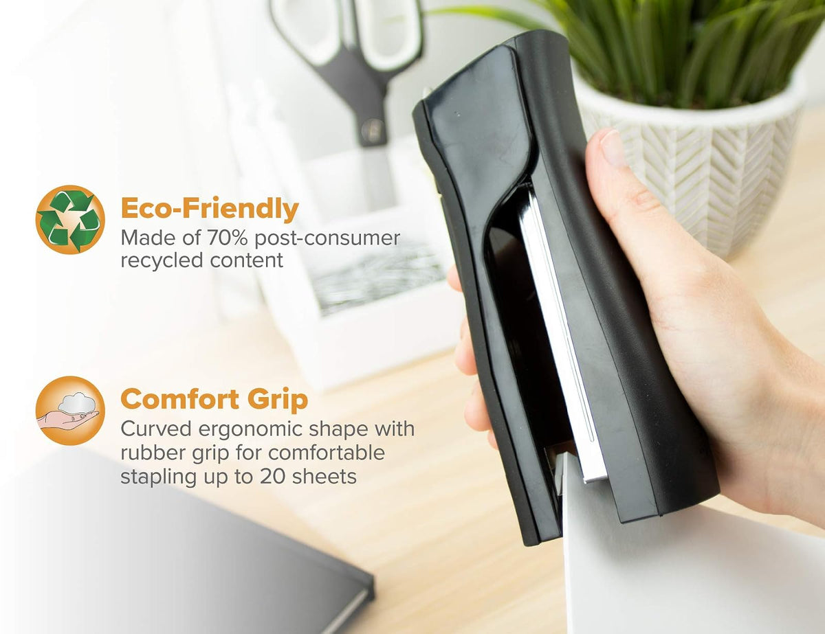 Bostitch Office Eco-Friendly Dynamo - Grapadora de pie 4 en 1, incluye 420 grapas, capacidad de 20 hojas, sacapuntas de lápiz integrado, removedor de grapas y almacenamiento de grapas, color negro