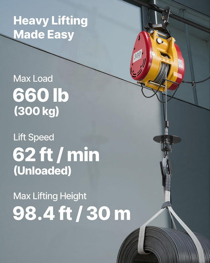 VEVOR Cabrestante eléctrico 2 en 1, capacidad de 300 kg, grúa portátil de 1500 W, altura de elevación de 30 m, 18 m/min con control remoto con cable e inalámbrico para fábricas, almacenes y garajes