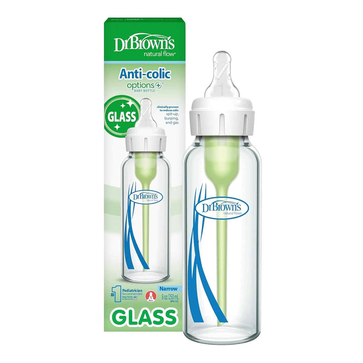Dr. Brown's Natural Flow Options Plus Narrow Glass Baby Bottle, 8 Ounce