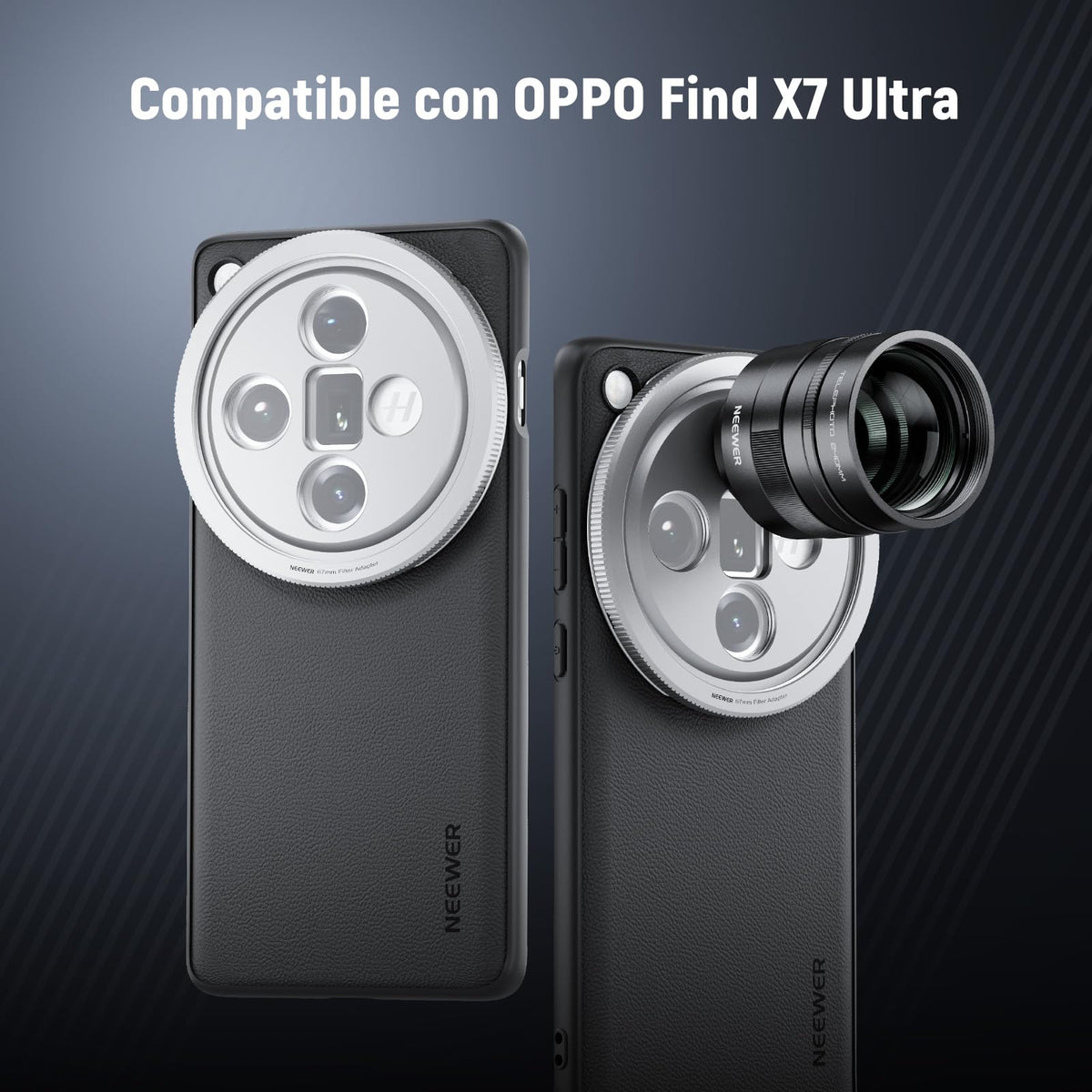 NEEWER X200 Pro Funda,Protectora Phone Case Compatible con Vivo X200 Pro, Resistente TPU + PC Faux Cuero con 17mm Lens Mounts & 67mm Adaptador Filtro para Carga Inalámbrica, PA114 Negro+Plateado