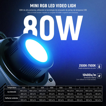 NEEWER HB80C RGBWW Luz Vídeo LED con Batería Incorporada 72Wh y PD 100W Carga Rápida 80W Mini RGB COB Iluminación Continua Foco Fotografía Portátil con Montaje Bowens 2500K-7500K 10400lux/m 18 Efectos