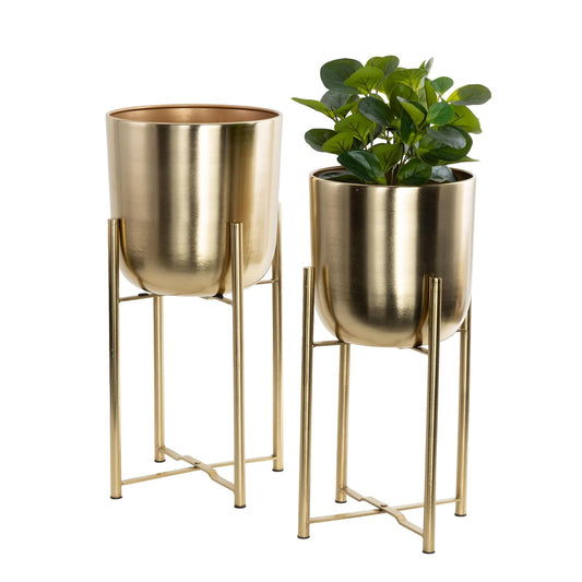 CosmoLiving by Cosmopolitan - Maceta Grande de Metal para Interiores y Exteriores, con Soporte extraíble, Juego de 2 macetas de 19 Pulgadas, 22 Pulgadas de Alto, Dorado