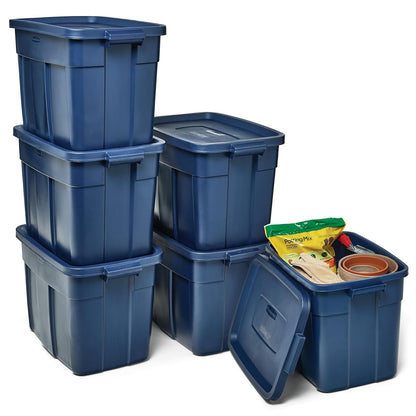 Rubbermaid Roughneck - Bolsa de 3 galones, paquete de 6, fabricado en Estados Unidos, metal índigo oscuro, contenedores de almacenamiento apilables de plástico resistente con tapas y asas - 18 Gal - 6 Pack