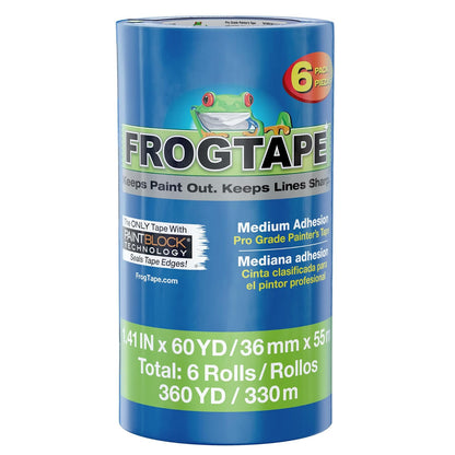 FrogTape Pro - Cinta de pintor con bloque de pintura, adherencia media, 1.4 pulgadas de ancho x 60 yardas de largo, azul, 6 rollos (242750)