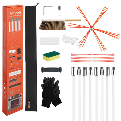 VEVOR Kit de Cepillo Limpieza de Chimenea, 8 m Varilla Flexible de Nylon, 3 Recambios de Cerdas, Guantes, Gafas, Bolsa, Deshollinador Flexible a 90° para Chimeneas Cuadradas, Rectangulares y Arqueadas
