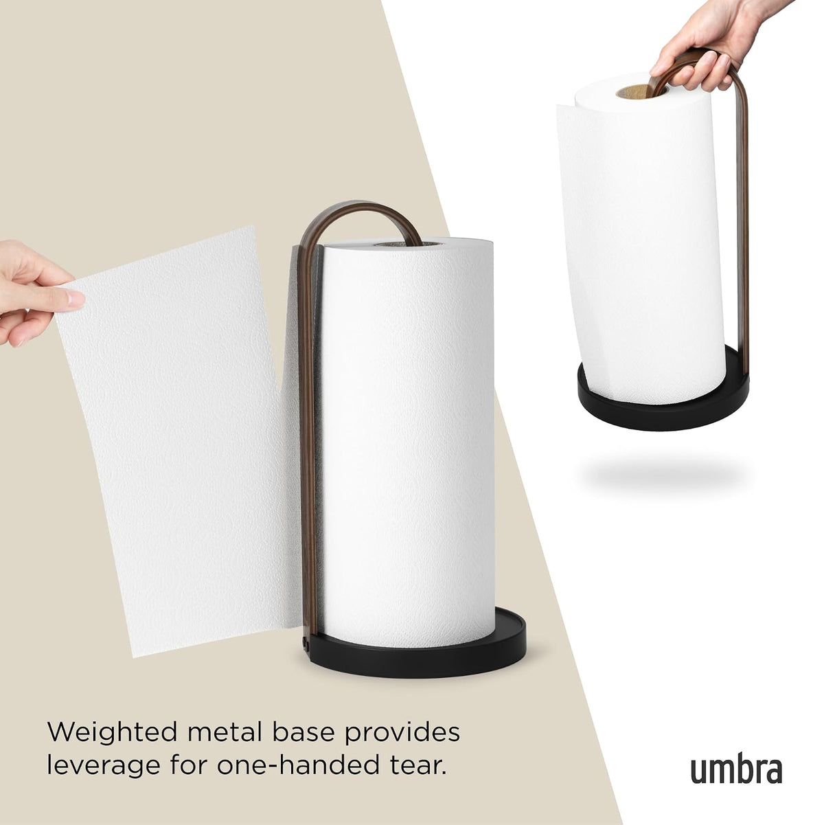 Umbra Bellwood - Toallero de Papel para encimera de Cocina, con Soporte de Madera Real y Base de Metal ponderada, Negro/Nogal