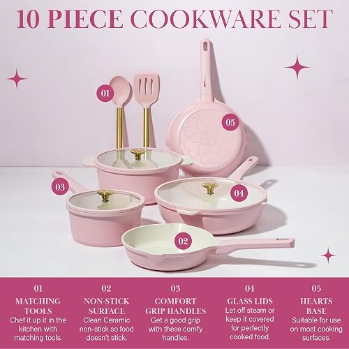 Paris Hilton - Juego de utensilios de cocina antiadherentes de cerámica de aluminio fundido con revestimiento antiadherente de doble capa, perillas de corazón dorado, asas que se mantienen frescas,