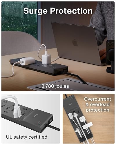 Belkin - Supresor de Picos de Corriente con 12 tomacorrientes de CA y Enchufe Plano, Cable de extensión Resistente de 2.4 MTS