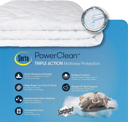 Serta Power Clean - Protector de colchón Acolchado de Triple acción, Suave, Impermeable, protección Que Absorbe la Humedad con Bolsillo Profundo de 15 Pulgadas, matrimonial, Color Blanco