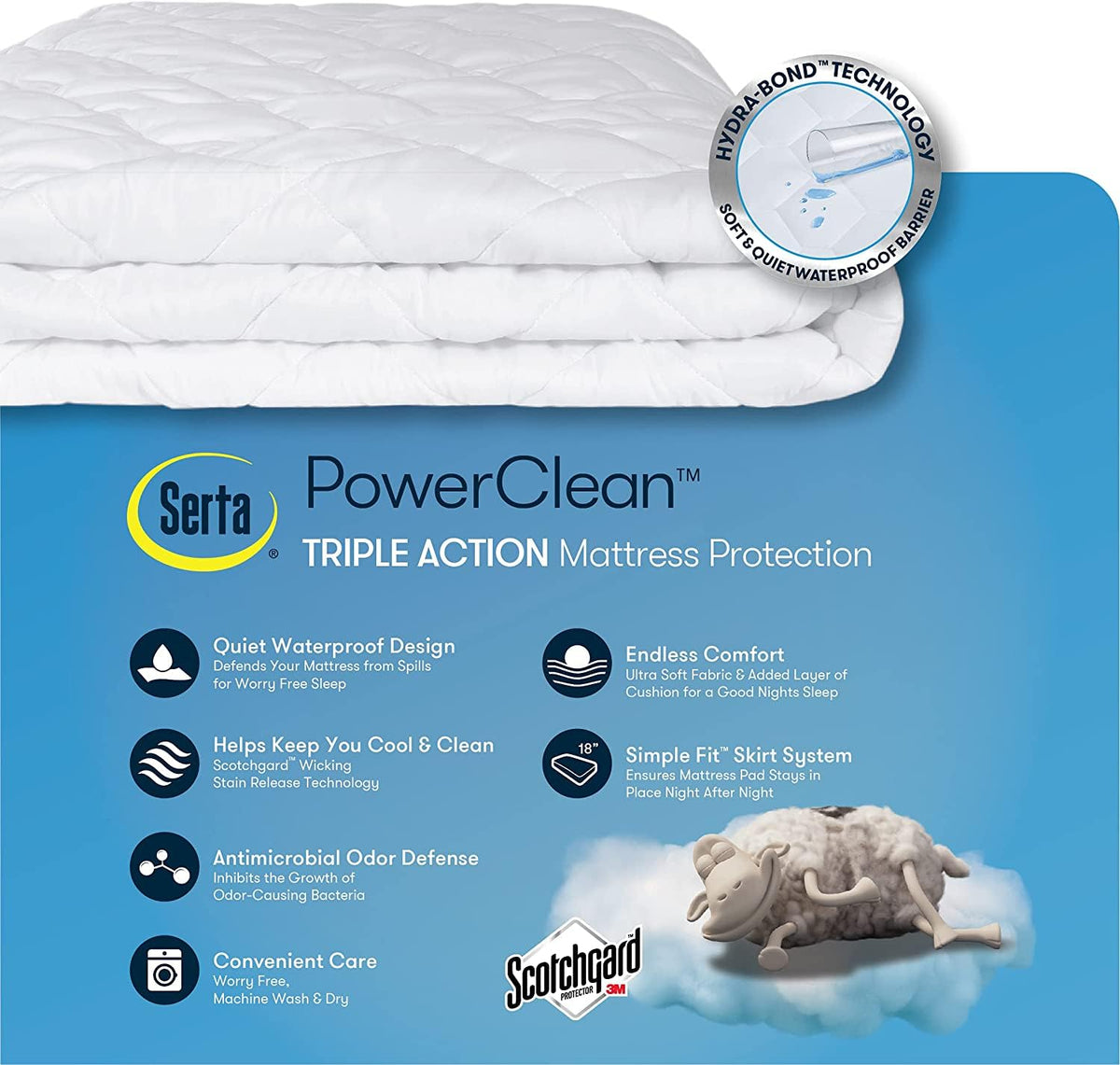 Serta Power Clean - Protector de colchón Acolchado de Triple acción, Suave, Impermeable, protección Que Absorbe la Humedad con Bolsillo de 15 Pulgadas de Profundidad, Individual, Color Blanco