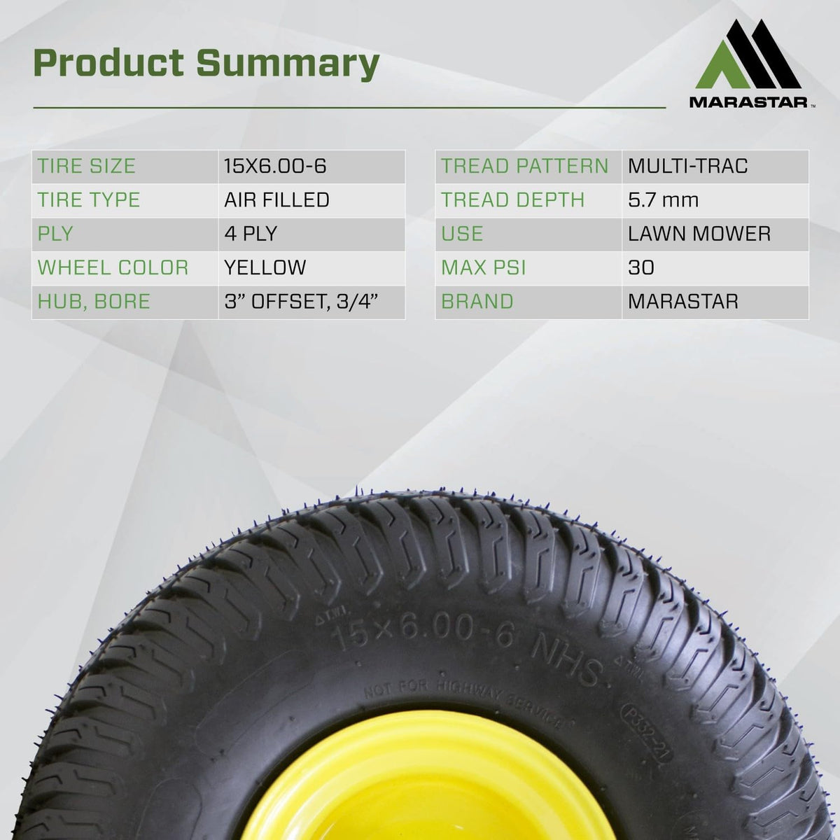 MARASTAR 21426 - Montaje de neumático y rueda de 15 x 6.00-6, repuesto para cortacésped de césped delantero compatible con cortacéspedes John Deere serie 100 y 300