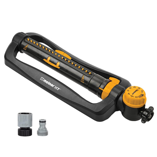 Melnor 65133AMZ XT Turbo Aspersor oscilante con Temporizador, 4.000 sq. Pies, Paquete de conexión rápida, Ajustable de 2 vías, Negro, Amarillo