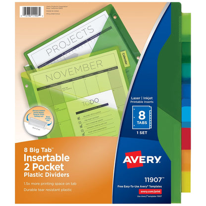 Avery 11907 - Divisores para carpetas de 3 anillos, juegos de 8 pestañas, divisores de plástico de dos bolsillos con pestañas, multicolor, 1 juego