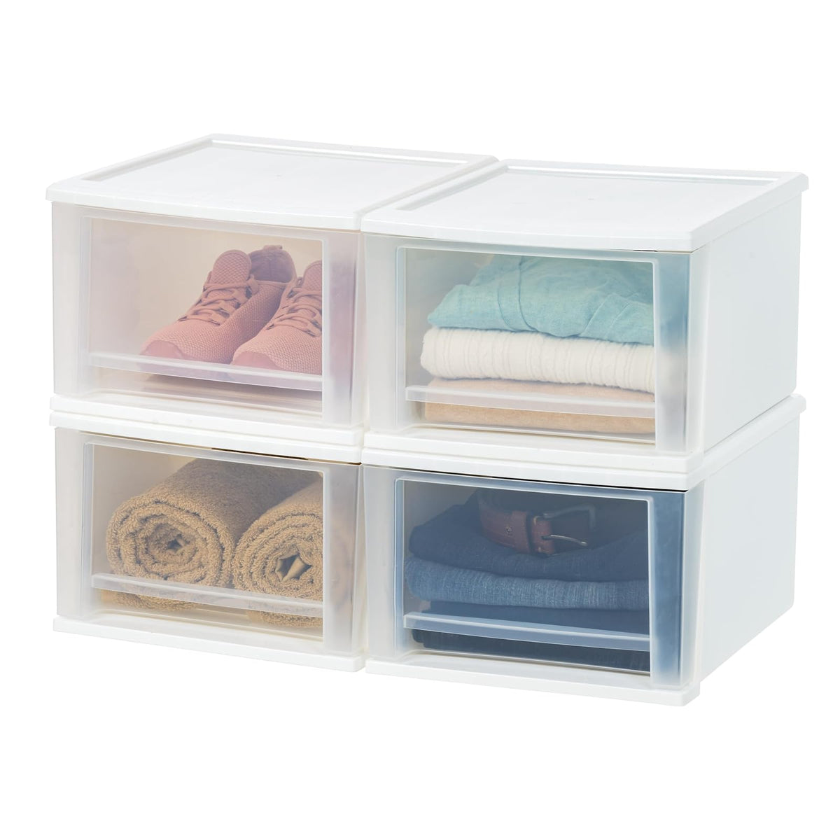 IRIS USA Paquete de 4 Organizadores Apilables de 17 Qt, Blanco | Mantén ropa, accesorios, artículos de oficina y esenciales diarios organizados con almacenamiento de fácil acceso