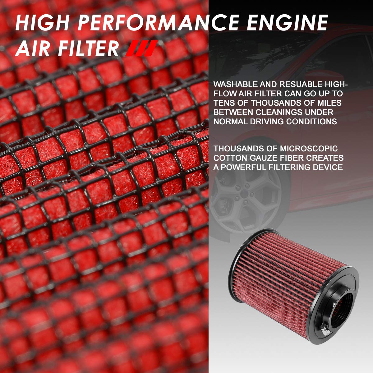 DNA Motoring Filtro de Aire Lavable AFPN-228-RD para Ford Escape, Focus, Transit Connect, Lincoln MKC, Rojo