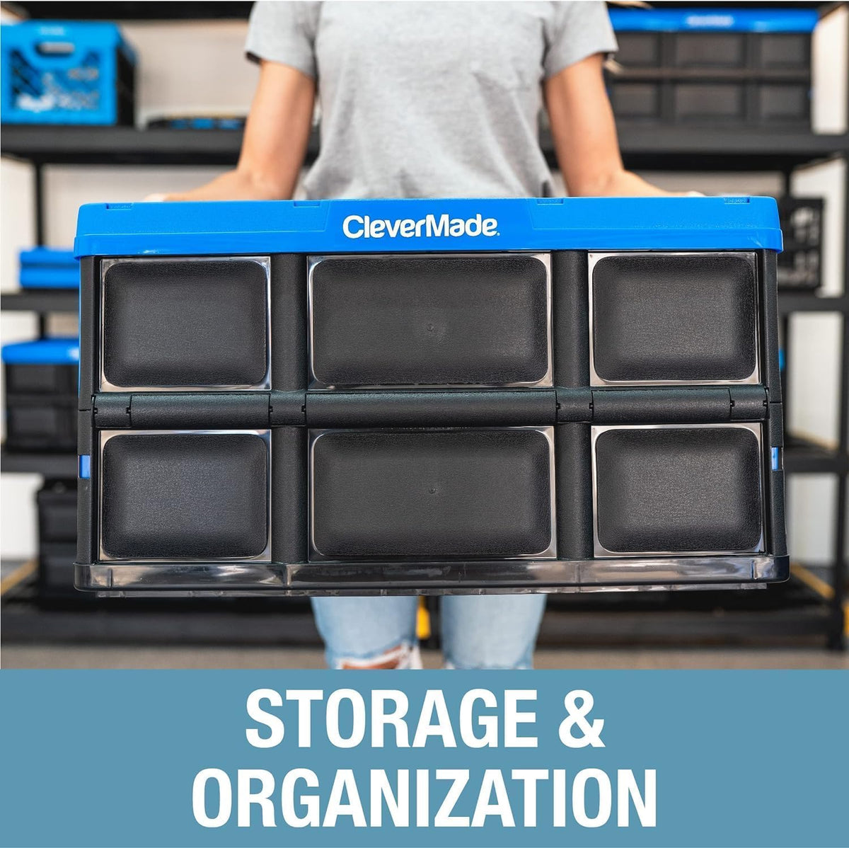 CleverMade - Contenedores plegables de almacenamiento – Paquete de 3 unidades de piedra 32L – Contenedores apilables de gran capacidad – Cajas plegables – Ahorro de espacio para el hogar