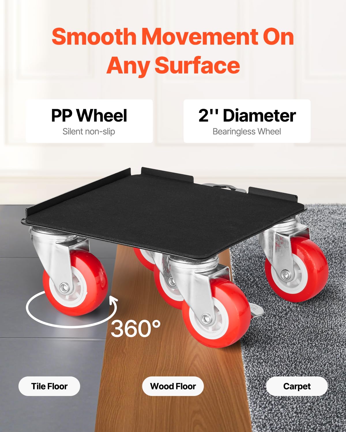 VEVOR 4 PCS Plataforma Rodante para Muebles 175 x 160 x 70 mm Carga de 1575 kg, Transportador de Muebles Resistente con 5 Ruedas Giratorias de 360° y Panel de Acero al Carbono para Mover Muebles
