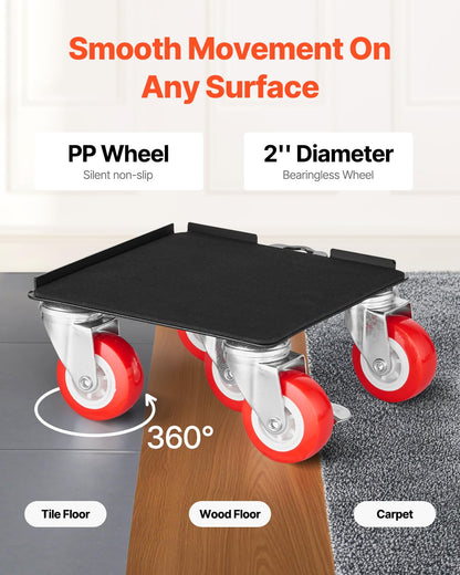 VEVOR 4 PCS Plataforma Rodante para Muebles 175 x 160 x 70 mm Carga de 1575 kg, Transportador de Muebles Resistente con 5 Ruedas Giratorias de 360° y Panel de Acero al Carbono para Mover Muebles