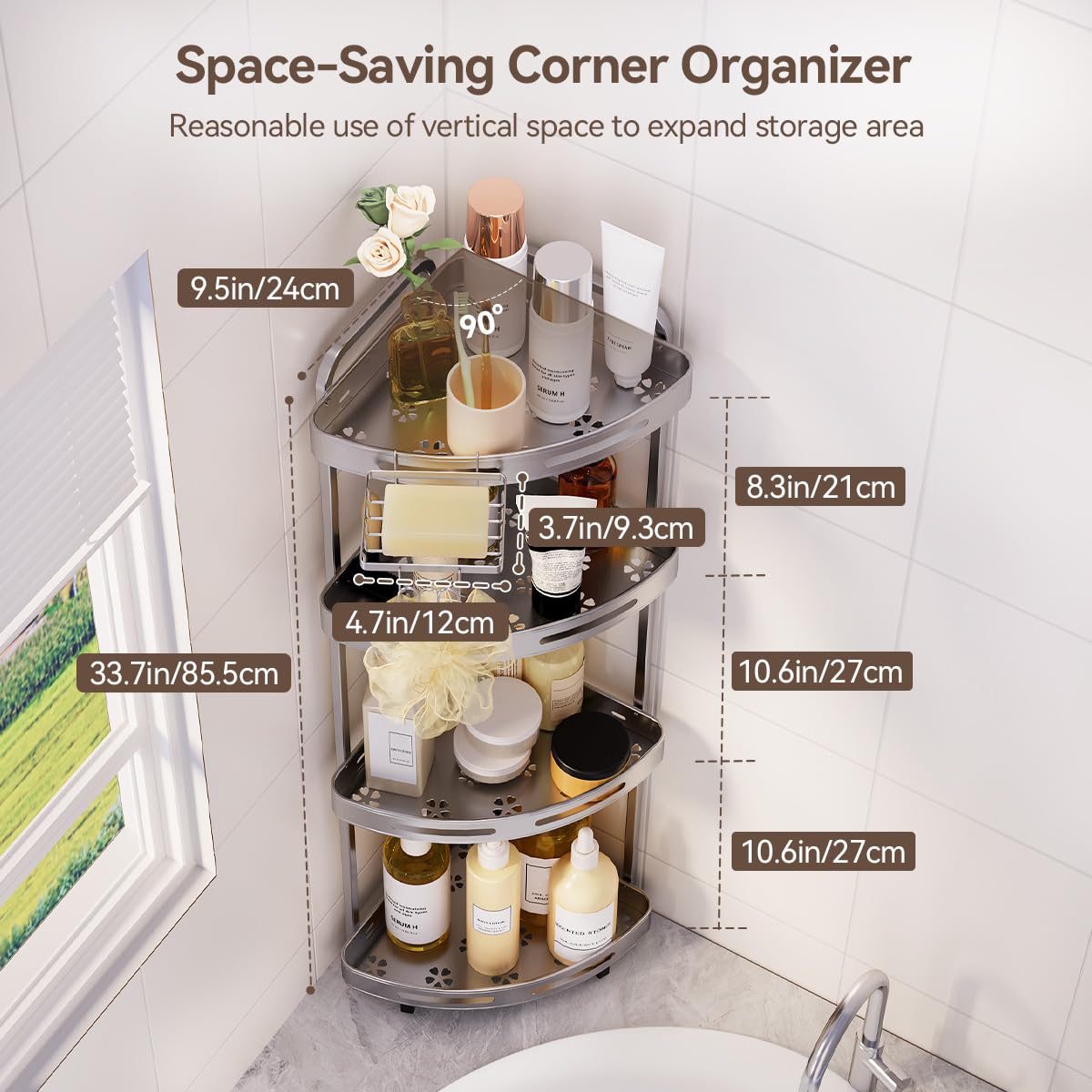 Binecer - Organizador de Ducha de Esquina de 4 Niveles con Soporte para jabón, estantes de Ducha inoxidables para Almacenamiento de champú, Color Plateado