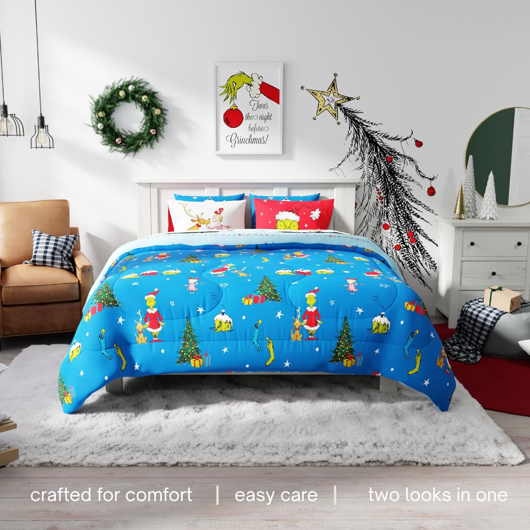 Franco Grinch por Dr. Seuss - Juego de sábanas y edredón súper Suave con Funda de Almohada, 7 Piezas tamaño King (Producto Oficial de Dr. Seuss)