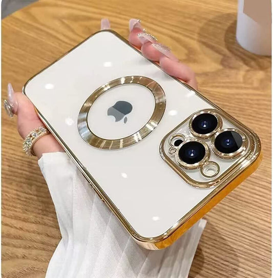 JUESHITUO Funda magnética Transparente Brillante para iPhone 14 Pro MAX con protección Completa de la cámara [imanes N52 Fuertes n.º 1] para Mujeres y niñas (6.7 Pulgadas), Color Dorado