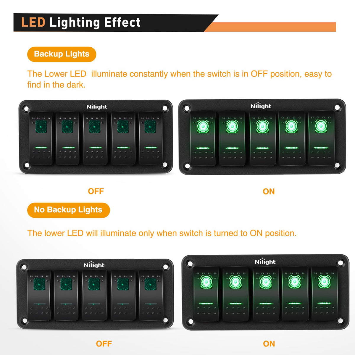 Nilight Panel de Interruptor 5 Bandas, 12V-24V, Aluminio, Precableado, Retroiluminado Verde