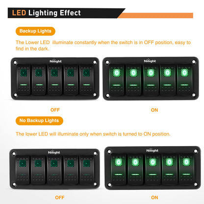 Nilight Panel de Interruptor 5 Bandas, 12V-24V, Aluminio, Precableado, Retroiluminado Verde