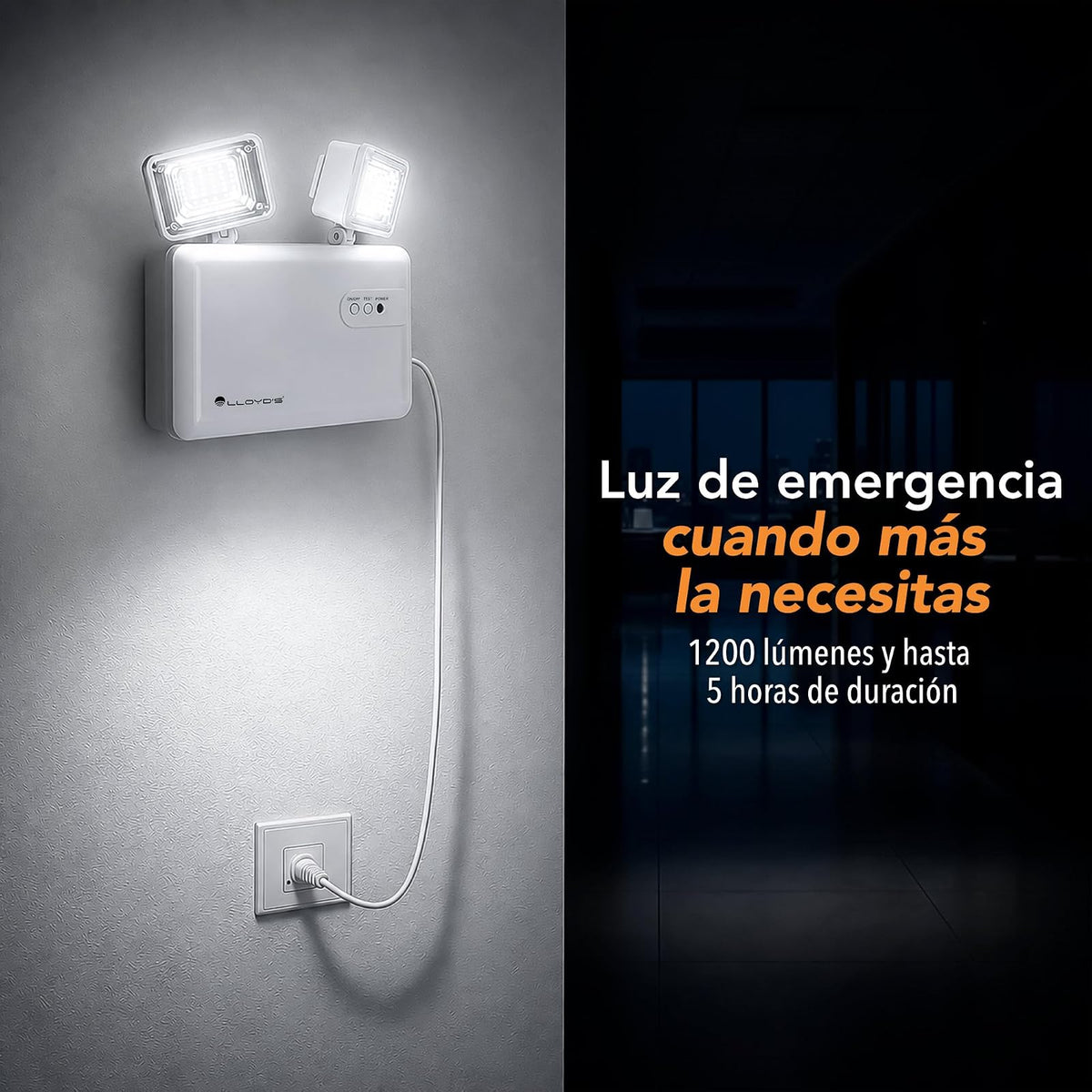 Lloyd's Lámpara de Emergencia 40 LED 1200 LM IP65 con 2 Reflectores | Hasta 5 horas de respaldo con encendido automático, batería recargable y reflectores orientables para mayor cobertura.