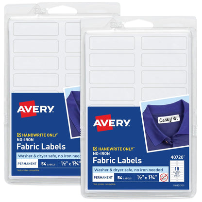 Avery - Etiquetas de tela sin planchar, 1/2 x 1-3/4 pulgadas, aptas para lavadora y secadora, color blanco, no imprimible, 54 etiquetas por paquete, 108 en total (2 unidades de 40720)