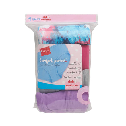 Hanes Hanes® Ropa Interior para niña, Comfort Period.™ Bragas Hipster, Bragas de protección Moderada, Paquete de 4 Ropa Interior a la caderaNiñas