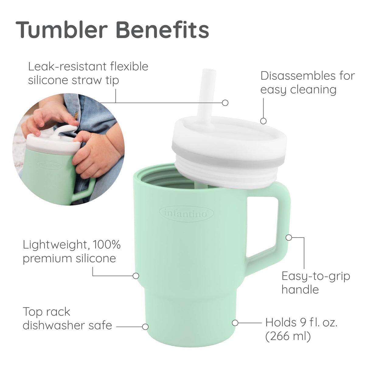 INFANTINO My 1st Tumbler - Taza pequeña con popote a prueba de fugas y asa para niños pequeños, fácil de limpiar, 255 ml, menta fresca