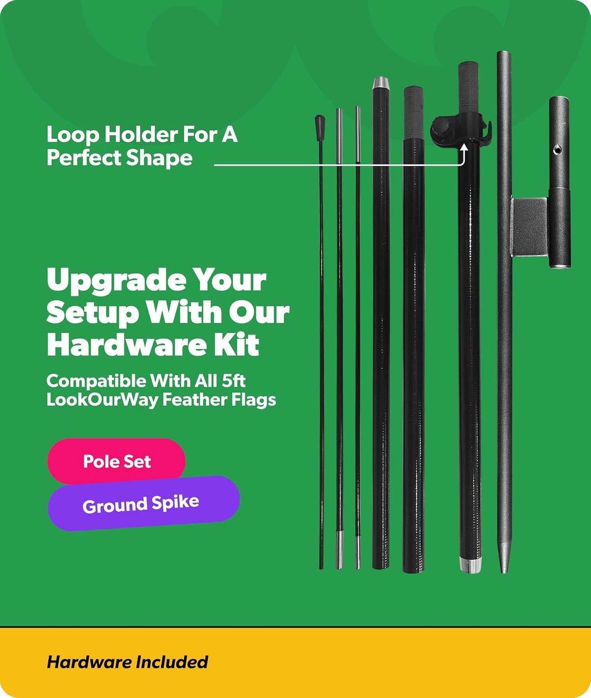 LookOurWay Bandera de Plumas con temática Abierta de 5 pies de Alto para Publicidad de Negocios, Juego Completo con Juego de 5 Postes de Fibra de Vidrio de Aluminio y Punta de Tierra