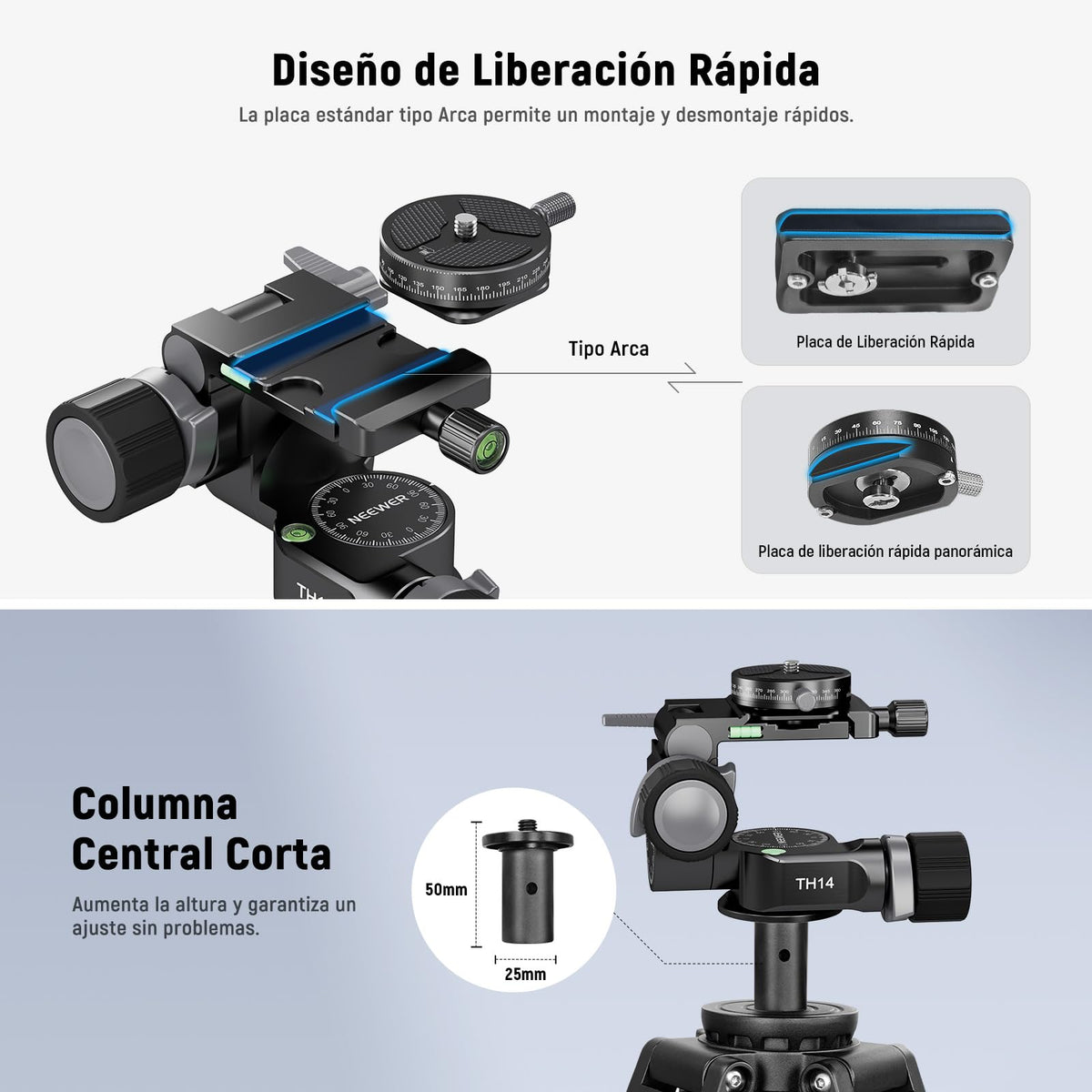 NEEWER Cabezal Trípode con Engranaje Bidireccional Microajuste Milimétrico Pan Tilt Head Aleación Aluminio, 360° Placa Panorámica Arca QR Compatible con Sony Canon Nikon DSLR, Carga Máx 13.2lb, TH14