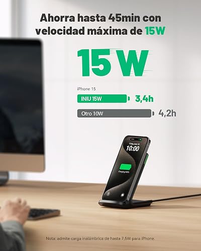 INIU 15W Cargador Inalámbrico, Estación de Carga Inalámbrica Rápida con LED | Luz Adaptativa para Dormir, Temp°Guard Exclusivo, Estación de Carga Inalámbrica para iPhone 17 16 Pro Max, Samsung S65, etc.