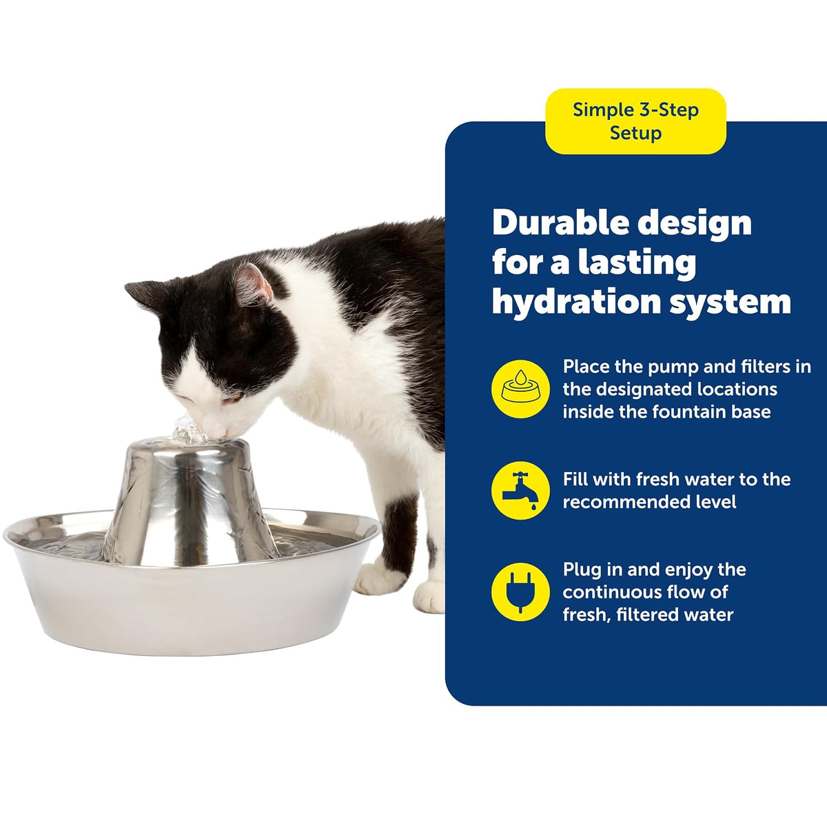 PetSafe Seaside Stainless Cat & Dog Fountain - 2 Water Filters & 1 Pump Included - Tower Creates Soothing Flow for Pets - Scratch- and Rust-Resistant Material Inhibits Pet Acne - 60 Oz Water Capacity